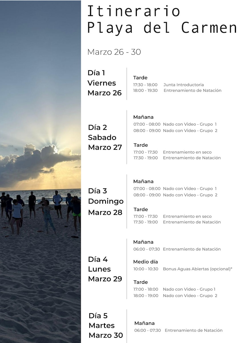 itinerario campamento de natacion playa del carmen